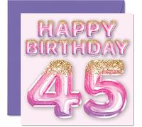 Biglietto di auguri il 45° compleanno da donna con palloncini glitterati rosa e viola biglietti di auguri 45 anni mamma cugina amica sorella zia 145mm 45 mm 45 mm
