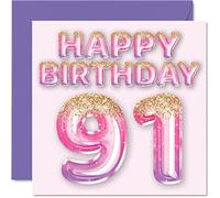 Biglietto di auguri il 91° compleanno da donna con palloncini glitterati rosa e viola biglietti di auguri 91° compleanno donna di 91 anni mamma e nonna 145mm