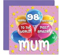 Stuff4 Biglietto di auguri il 98° compleanno della mamma con scritta World's Most Amazing Mum 98° compleanno la mamma da parte della figlia e del figlio 145mm 98 anni 98