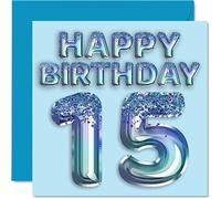 Stuff4 Biglietto di auguri per 15° compleanno per ragazzi, con palloncini blu glitterati - Biglietti di auguri per 15 anni, figlio, fratello, nipote, 145 mm x 145 mm
