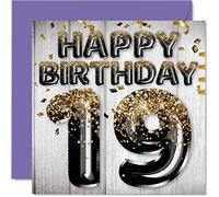 Stuff4 Biglietto di auguri per 19° compleanno per uomo, con palloncini glitterati neri e dorati, biglietti di auguri per 19 anni, figlio, fratello, zio cugino, 145 mm x 145 mm