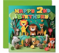 Stuff4 Biglietto di auguri per 2° compleanno per ragazzi e ragazze, con animali della giungla, biglietto di auguri per nipote, bambini, 145 x 145 mm