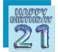 Stuff4 Biglietto di auguri per 21° compleanno da uomo, con palloncini blu glitterati, per 21 anni, fratello, figlio, nipote, zio, 145 mm x 145 mm, regalo per ventunesimo compleanno
