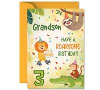 Stuff4 Biglietto di auguri per 3° compleanno per nipote, ruggito con risate | Jungle Party Animals, torta e coriandoli a bizzeffe, luminoso, allegro divertimento per il suo grande giorno, A5