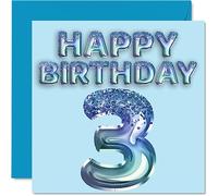 Stuff4 Biglietto di auguri per 3° compleanno per ragazzi, con palloncini blu glitterati - Biglietti di auguri per 3 anni, figlio, fratello, nipote, 145 mm x 145 mm, regalo