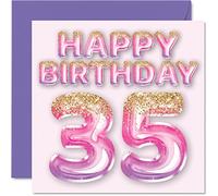 Stuff4 Biglietto di auguri per 35° compleanno da donna, palloncini rosa e viola glitterati, per 35 anni, amica, sorella, mamma, zia, 145 mm x 145 mm