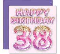 Stuff4 Biglietto di auguri per 38° compleanno da donna, con palloncini glitterati, rosa e viola, per 38 anni, per sorella, mamma, zia, 145 mm x 145 mm, regalo per trentottesimo compleanno