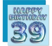 Stuff4 Biglietto di auguri per 39° compleanno, da uomo, con palloncini blu glitterati, per 39 anni, fratello, amico, zio papà, 145 mm x 145 mm, per trentanove e trentanovesimo compleanno