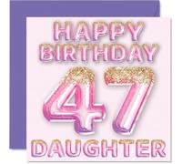 Stuff4 Biglietto di auguri per 47° compleanno per figlia, palloncini glitterati rosa e viola, biglietti di auguri per 47 anni, da mamma, papà, genitori, biglietti di auguri per compleanno da 145 mm