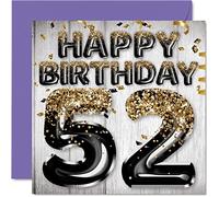 Biglietto di auguri per 52° compleanno da uomo - Palloncini glitterati neri e oro - Biglietti di auguri per 52 anni, papà nonno, nonno, 145mm, cinquantadue cinquantadue cinquantaduesimi compleanno
