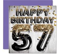 Stuff4 Biglietto di auguri per 57° compleanno da uomo - Palloncini glitterati neri e dorati - Biglietti di auguri per 57 anni, papà nonno, nonno, nonno, 145 mm x 145 mm