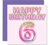 Stuff4 Biglietto di auguri per 6° compleanno per ragazze, palloncini rosa e viola glitterati, biglietti di auguri per bambina di 6 anni, figlia, sorella, nipote, cugina, 145 mm