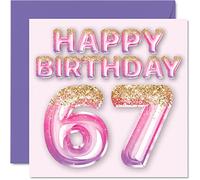 Stuff4 Biglietto di auguri per 67° compleanno da donna - Palloncini glitterati rosa e viola - Biglietti di auguri di buon compleanno per 67 anni mamma tata nonna zia 145mm