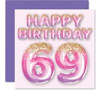 Stuff4 Biglietto di auguri 69° compleanno donna – palloncini rosa e viola glitterati – 145 x 145 mm