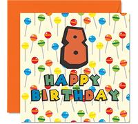 Stuff4 Biglietto di auguri per 8° compleanno, unisex, motivo: caramelle lecca-lecca, per 8 anni, figlio, figlia, fratello, sorella, nipote, nipote, cugino, 145 mm x 145 mm