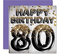 Stuff4 Biglietto di auguri per 80° compleanno da uomo, con palloncini glitterati neri e dorati, biglietti di auguri per 80 anni, papà, nonno, nonno, nonno, nonno, nonno, 145 mm