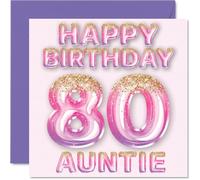 Stuff4 Biglietto di auguri per 80° compleanno per zia - Palloncini rosa e viola glitterati - Biglietti di auguri per zia di 80 anni da nipote 145 mm x 145 mm