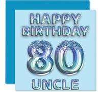Stuff4 Biglietto di auguri per 80° compleanno per zio, palloncini blu glitterati, biglietti di auguri di buon compleanno per zio di 80 anni da nipote 145 mm x 145 mm