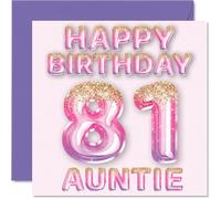 Stuff4 Biglietto di auguri per 81° compleanno per zia - Palloncini rosa e viola glitterati - Biglietti di auguri per zia di 81 anni da nipote 145 mm