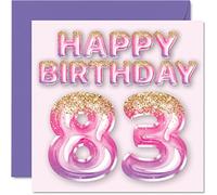 Stuff4 Biglietto di auguri 83° compleanno donna con palloncini glitterati rosa e viola 145x145 mm