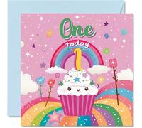 Stuff4 Biglietto di auguri per il 1° compleanno per bambina, con cupcake e arcobaleno, biglietto di auguri di compleanno per bambine di 1 anno, 145 mm