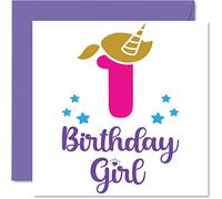 Stuff4 Biglietto di auguri per il 1° compleanno per ragazza, con unicorno, biglietto di auguri per 1 anno, per ragazze, 145 mm x 145 mm, biglietto di auguri per figlia, nipote, bambini