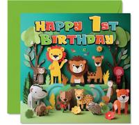 Stuff4 Biglietto di auguri per il 1° compleanno per ragazzi e ragazze, con animali della giungla, biglietto di auguri per nipote, bambini, 145 x 145 mm