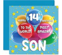 Biglietto di auguri per il 14° compleanno del figlio, con scritta in lingua inglese "World's Most Amazing Son", 145 mm x 145 mm, 14 anni, 14 anni, 14 anni, 14 anni