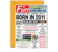 Stuff4 Biglietto di auguri per il 14° compleanno per ragazze e ragazzi, 12 | Con giornale Born In 2011, Happy 14 Birthday Card per figlia, figlio, cugino, vintage, retro nel 2011, 7 x 17, 8 cm