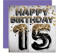 Stuff4 Biglietto di auguri per il 15° compleanno per ragazzi, con palloncini glitterati neri e dorati, biglietti di auguri per 15 anni, figlio, fratello, nipote, cugino, 145 mm x 145 mm