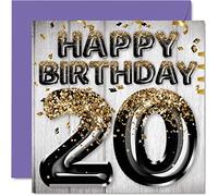 Stuff4 Biglietto di auguri per il 20° compleanno da uomo, con palloncini glitterati neri e dorati, biglietti di auguri per 20 anni, figlio, fratello, zio cugino, 145 mm x 145 mm