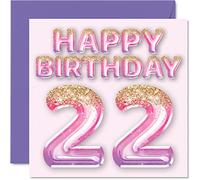 Stuff4 Biglietto di auguri per il 22° compleanno da donna, con palloncini glitterati rosa e viola, biglietti di auguri per 22 anni, figlia, sorella, zia, cugina, 145 mm x 145 mm, 22 secondi