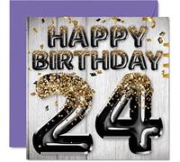 Biglietto di auguri per il 24° compleanno da uomo - Palloncini glitterati neri e oro - Biglietti di auguri per 24 anni figlio fratello zio cugino 145mm