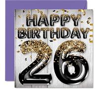Stuff4 Biglietto di auguri per il 26° compleanno da uomo, con palloncini glitterati neri e dorati, biglietti di auguri per 26 anni, figlio, fratello, zio cugino, 145 mm x 145 mm