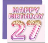 Stuff4 Biglietto di auguri per il 27° compleanno, da donna, con palloncini glitterati rosa e viola, per 27 anni, figlia, sorella, zia, cugina, 145 mm x 145 mm, per 27 anni