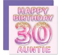 Stuff4 Biglietto di auguri per il 30° compleanno della zia, con palloncini glitterati rosa e viola, biglietti di auguri per la zia di 30 anni, 145 mm x 145 mm