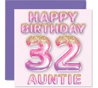 Stuff4 Biglietto di auguri per il 32° compleanno della zia, con palloncini glitterati rosa e viola, biglietti di auguri per la zia di 32 anni, da nipote e nipote, 145 mm