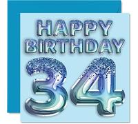 Stuff4 Biglietto di auguri per il 34° compleanno da uomo, con palloncino blu glitterato, biglietto di auguri per 34 anni, fratello, amico, zio, papà, 145 mm