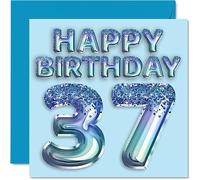 Stuff4 Biglietto di auguri per il 37° compleanno da uomo, con palloncino blu glitterato, biglietto di auguri per 37 anni, fratello, amico, zio, papà, 145 mm