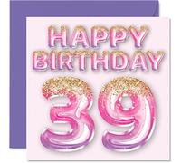Stuff4 Biglietto di auguri per il 39° compleanno, da donna, con palloncini glitterati rosa e viola, per 39 anni, amica, sorella, mamma, zia, 145 mm x 145 mm