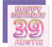 Stuff4 Biglietto di auguri per il 39° compleanno della zia, con palloncini glitterati rosa e viola, biglietti di auguri per la zia di 39 anni, 145 mm x 145 mm