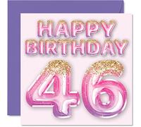 Stuff4 Biglietto di auguri per il 46° compleanno da donna, con palloncini glitterati rosa e viola, biglietti di auguri per 46 anni, mamma, cugina, amica, sorella, zia, 145 mm