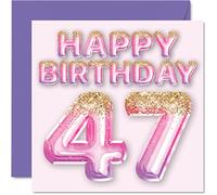 Stuff4 Biglietto di auguri per il 47° compleanno da donna, con palloncini glitterati rosa e viola, biglietti di auguri per 47 anni, mamma, cugina, amica, sorella, zia, 145 mm