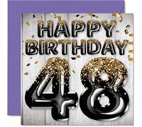 Stuff4 Biglietto di auguri per il 48° compleanno da uomo, con palloncini glitterati neri e dorati, biglietti di auguri per 48 anni, papà, cugino, amico, fratello, zio, 145 mm