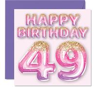 Stuff4 Biglietto di auguri per il 49° compleanno da donna, con palloncini glitterati rosa e viola, biglietti di auguri per 49 anni, mamma, cugina, amica, sorella, zia, 145 mm x 145 mm