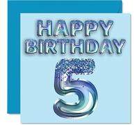 Stuff4 Biglietto di auguri per il 5° compleanno per ragazzi, con palloncini blu glitterati - Biglietti di auguri per 5 anni, figlio, fratello, nipote, 145 mm x 145 mm, regalo