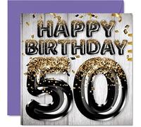 Stuff4 Biglietto di auguri per il 50° compleanno da uomo, con palloncini glitterati neri e dorati, biglietti di auguri per 50 anni, papà, nonno, nonno, nonno, nonno, nonno, 145 mm