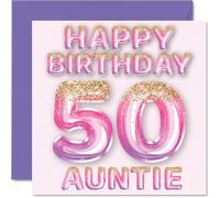 Stuff4 Biglietto di auguri per il 50° compleanno della zia, con palloncini glitterati rosa e viola, biglietti di auguri per la zia di 50 anni, 145 mm x 145 mm