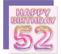 Stuff4 Biglietto di auguri per il 52° compleanno da donna, con palloncini glitterati rosa e viola, biglietti di auguri per 52 anni, mamma, nonna, nonna, nonna, zia, 145 mm x 145 mm, regalo