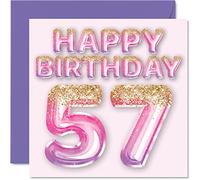 Stuff4 Biglietto di auguri per il 57° compleanno da donna, con palloncini glitterati rosa e viola, biglietti di auguri per 57 anni, mamma, nonna, nonna, zia, 145 mm